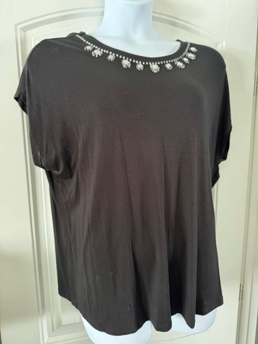 Women's Black Short-Sleeve Tee with Jeweled Neckline